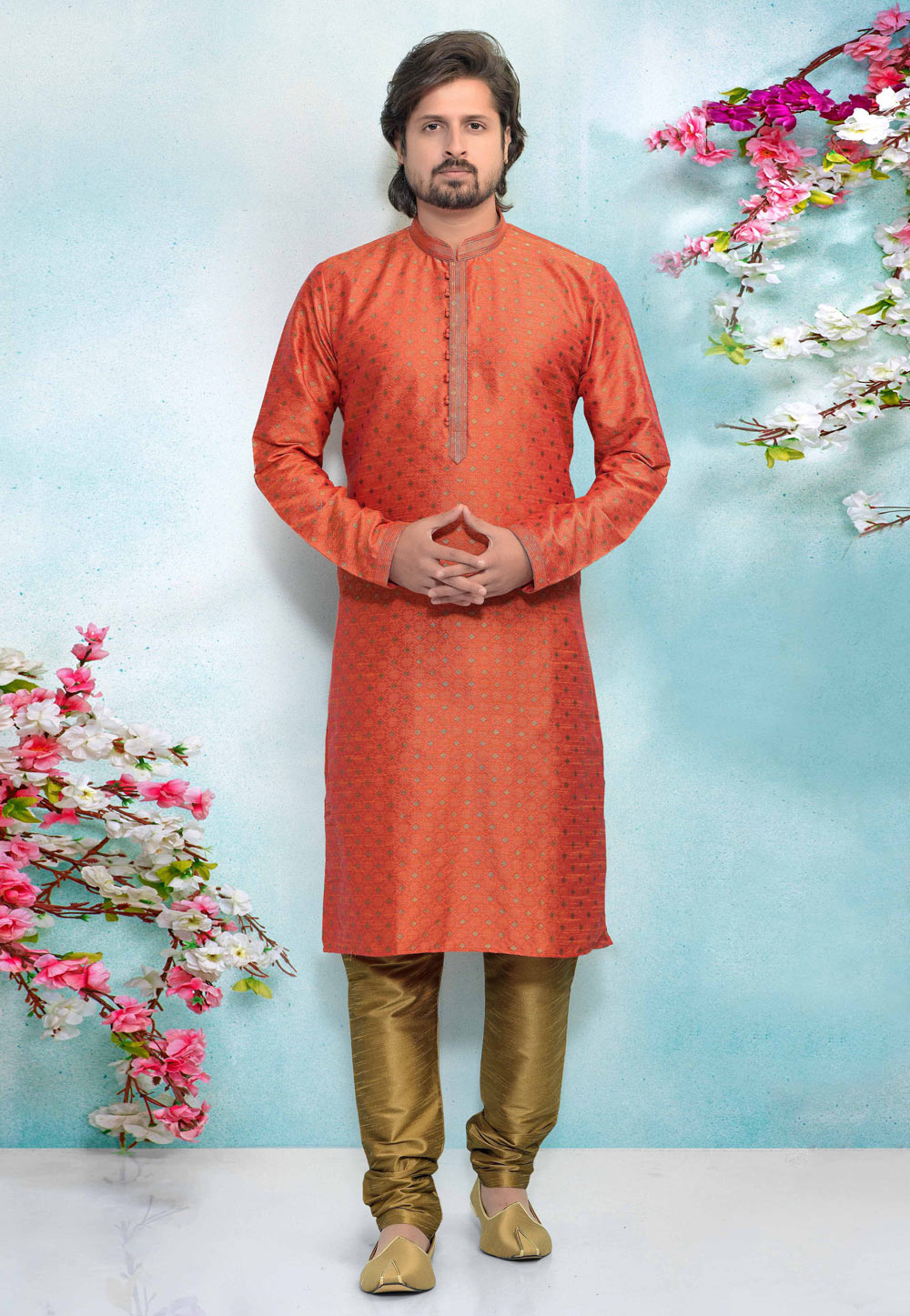 Orange Banarasi Silk Kurta Pajama 220353