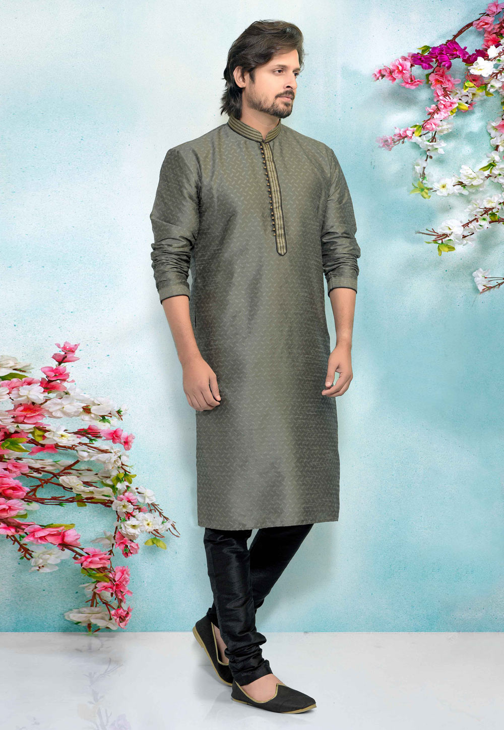 Grey Banarasi Silk Kurta Pajama 220355