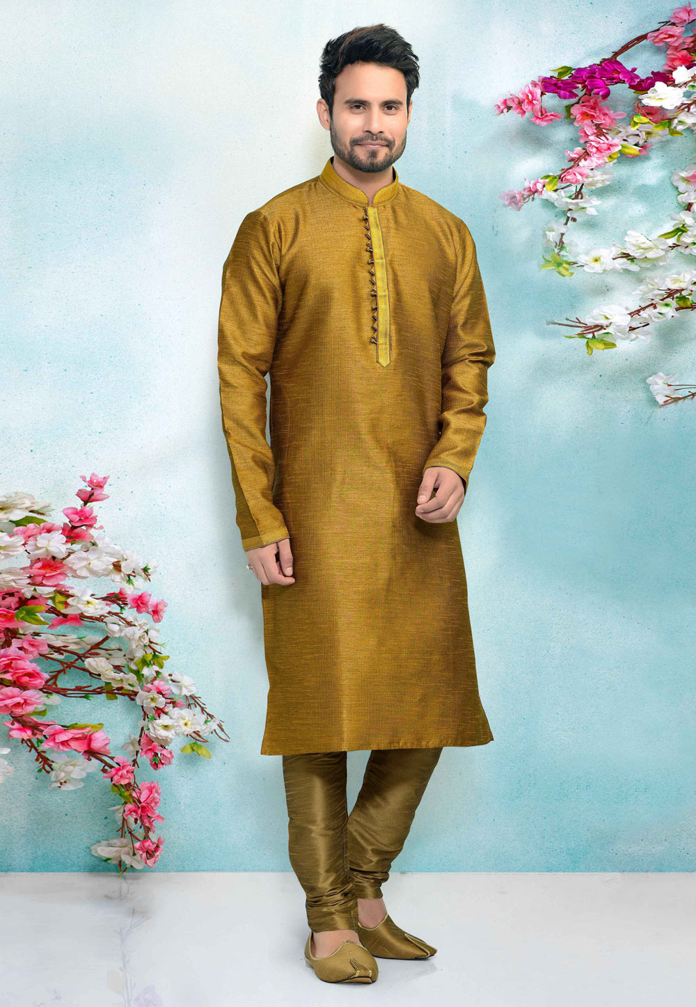 Mustard Banarasi Silk Kurta Pajama 220356