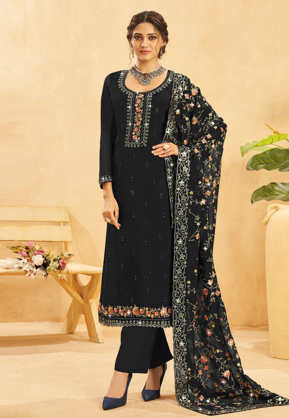Black Organza Pakistani Palazzo Suit 273400