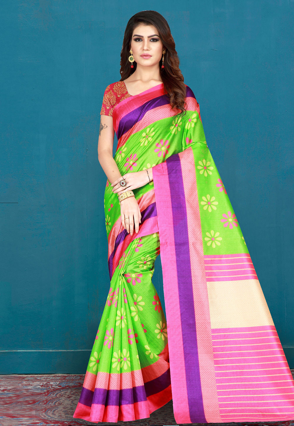Green Cotton Printed Saree With Blouse 195389