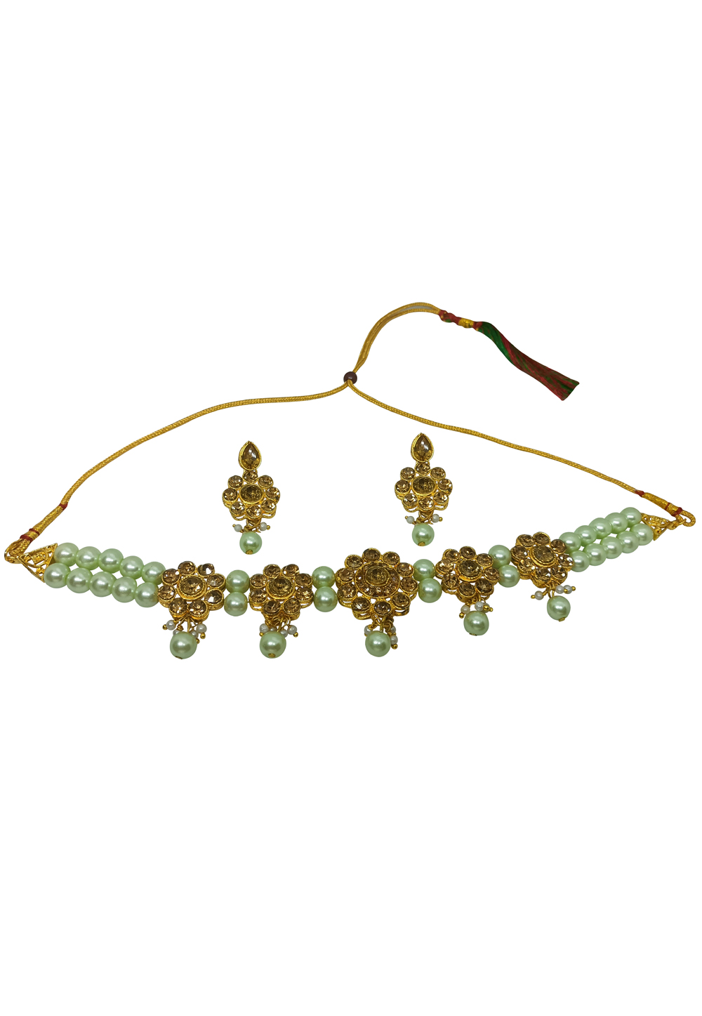 Light Green Alloy Austrian Diamonds And Kundan Necklace Set With Earrings 269233