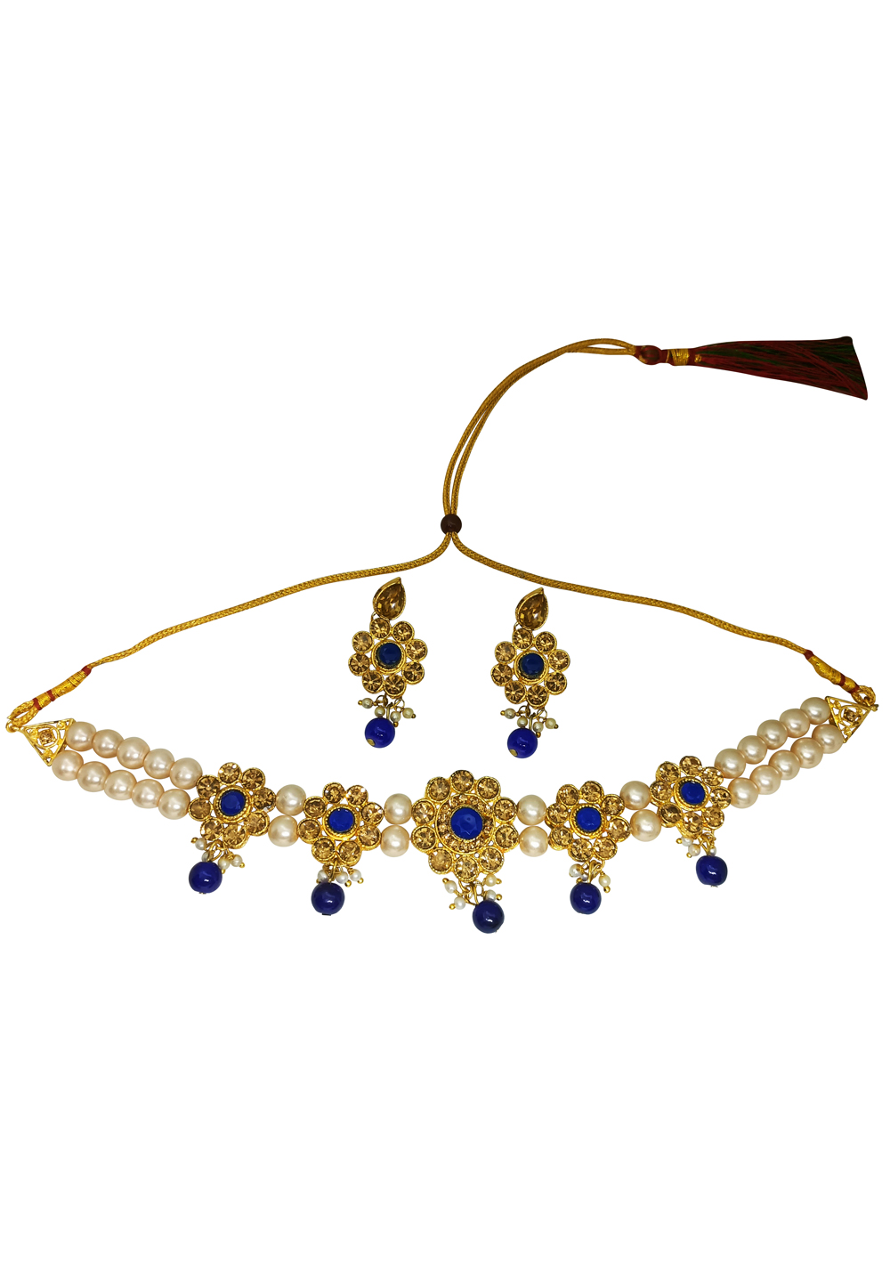 Blue Alloy Austrian Diamonds And Kundan Necklace Set With Earrings 269234
