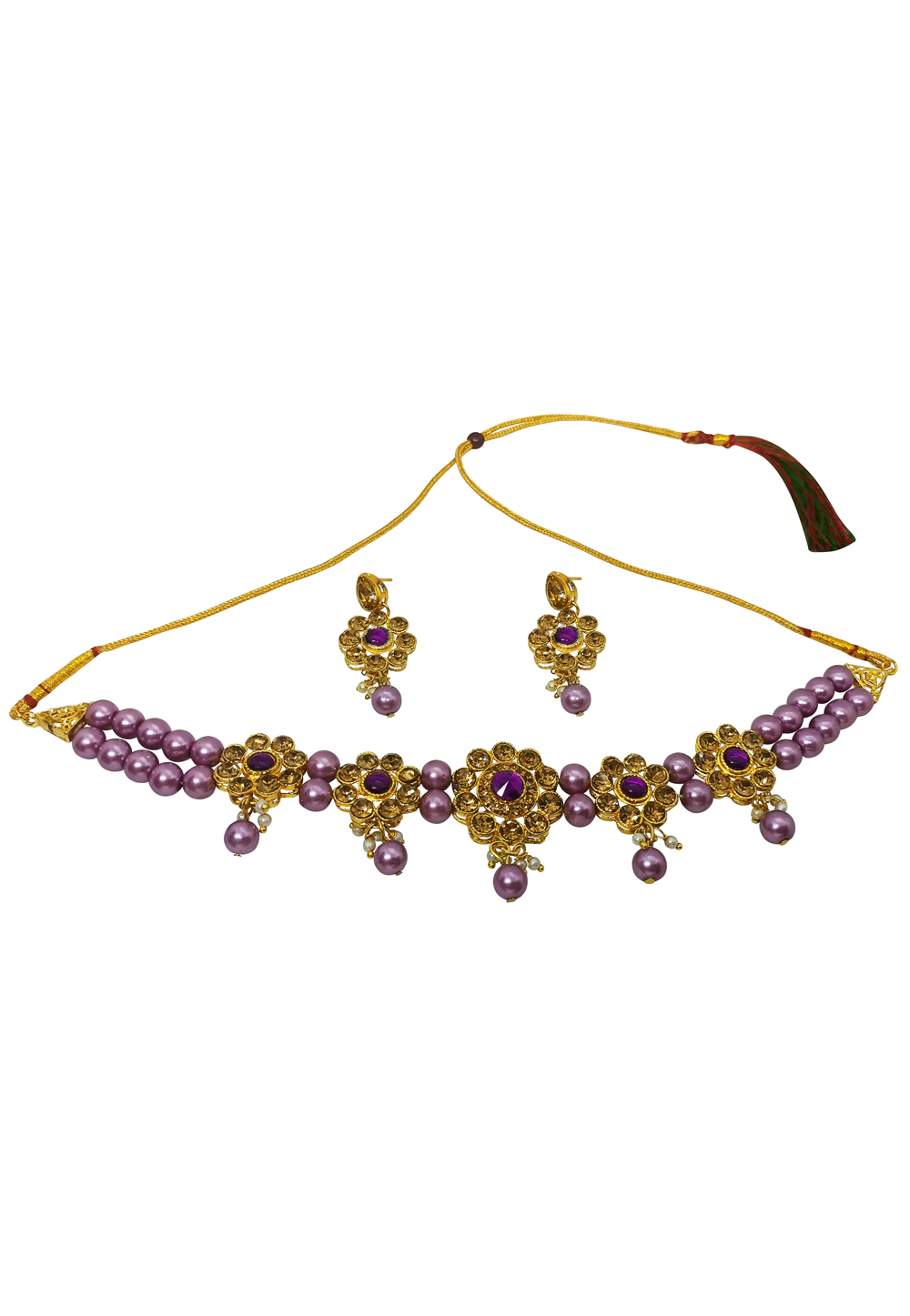 Light Purple Alloy Austrian Diamonds And Kundan Necklace Set With Earrings 269235