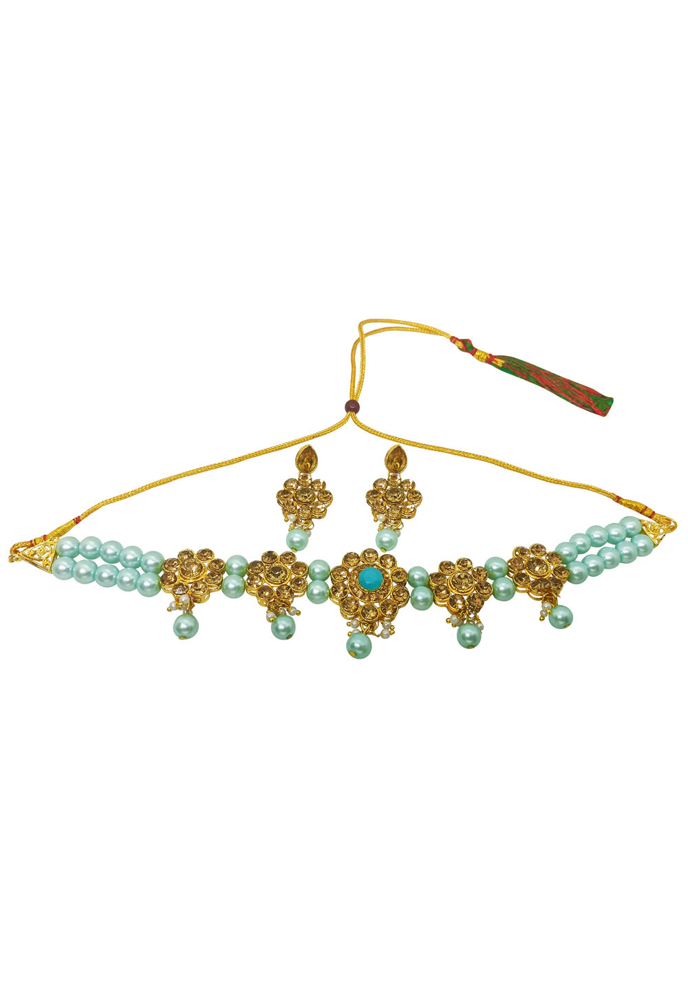 Sky Blue Alloy Austrian Diamonds And Kundan Necklace Set With Earrings 269236