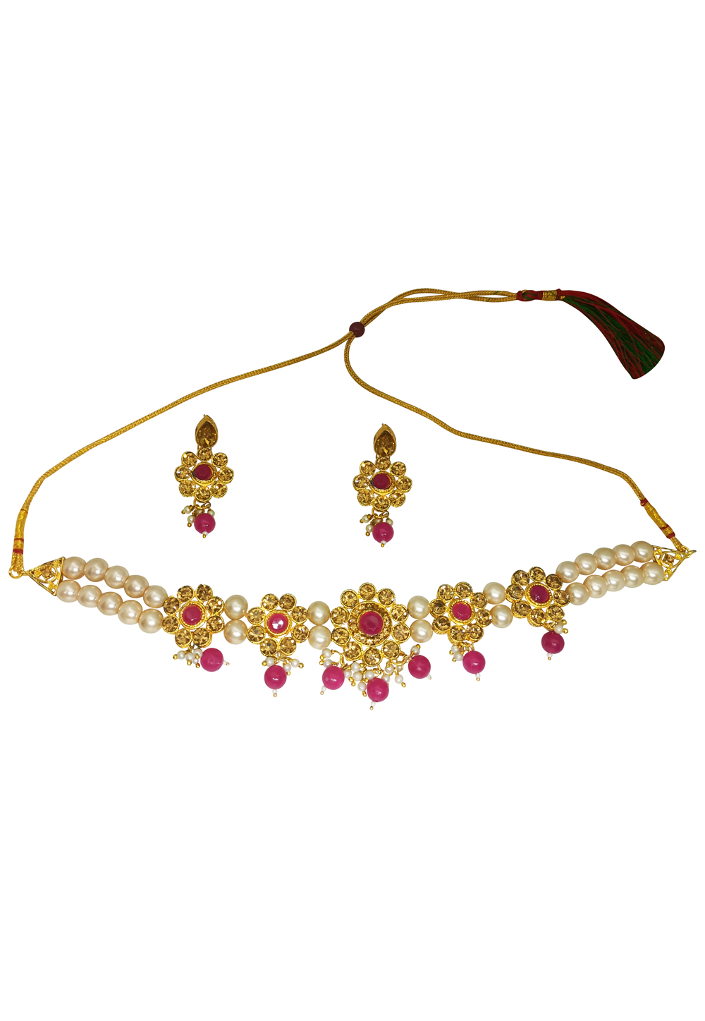Pink Alloy Austrian Diamonds And Kundan Necklace Set With Earrings 269237
