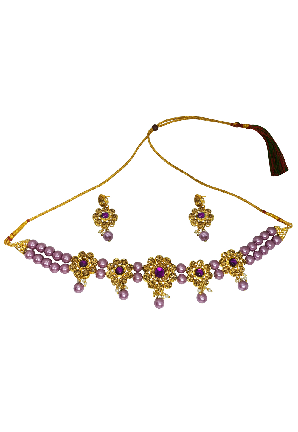 Light Purple Alloy Austrian Diamonds And Kundan Necklace Set With Earrings 269238