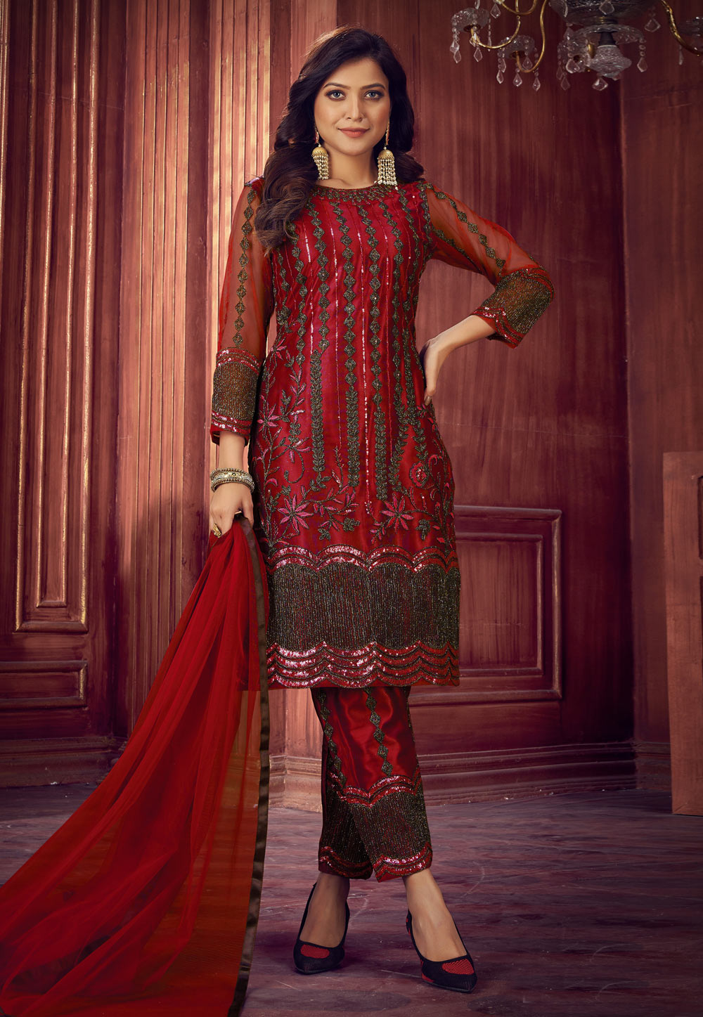 Red Net Kameez With Pant 242624