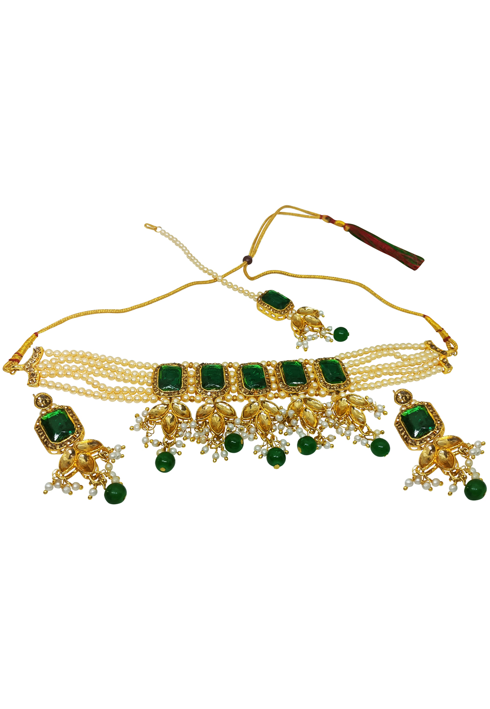 Green Alloy Austrian Diamonds And Kundan Necklace Set With Earrings and Maang Tikka 269240