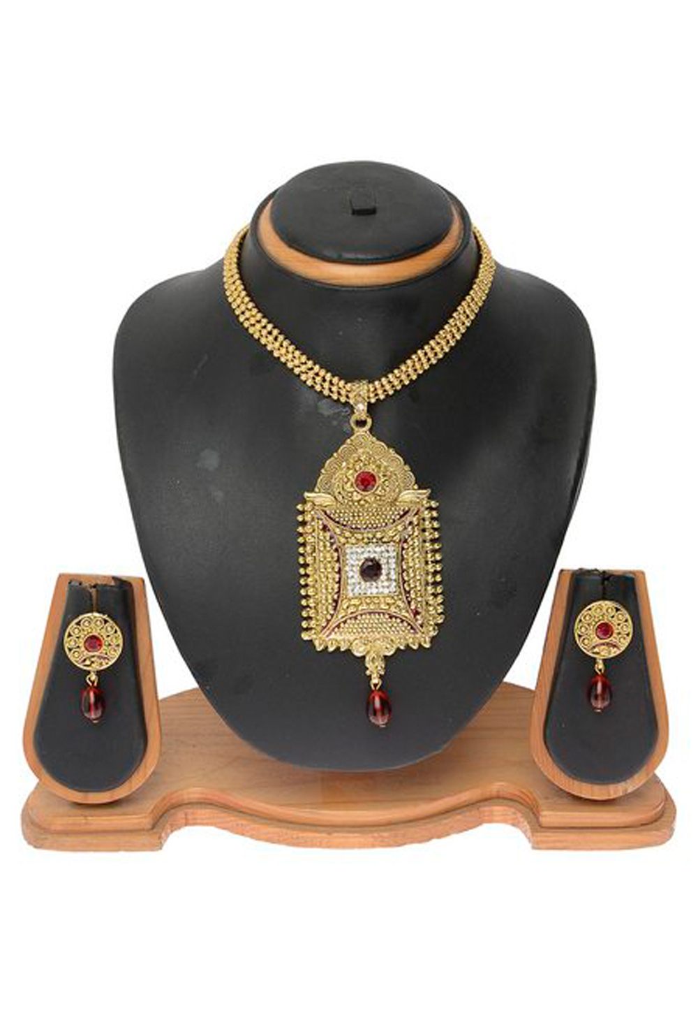 Golden Alloy Austrian Diamonds And Kundan Necklace Set With Earrings 269245