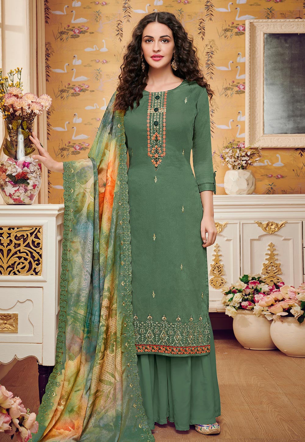 Green Cotton Palazzo Suit 202702