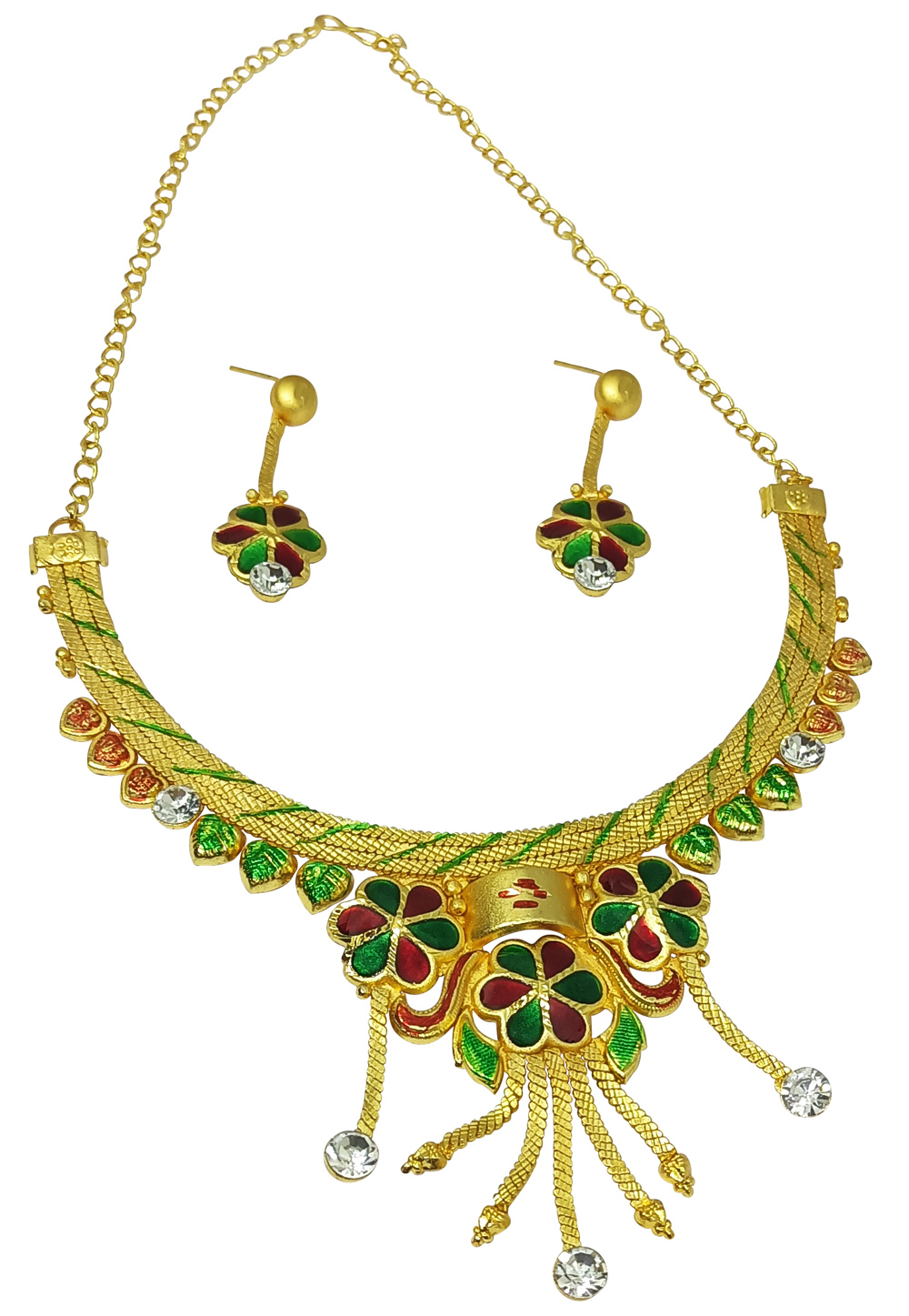 Golden Alloy Austrian Diamonds And Kundan Necklace Set With Earrings 269250