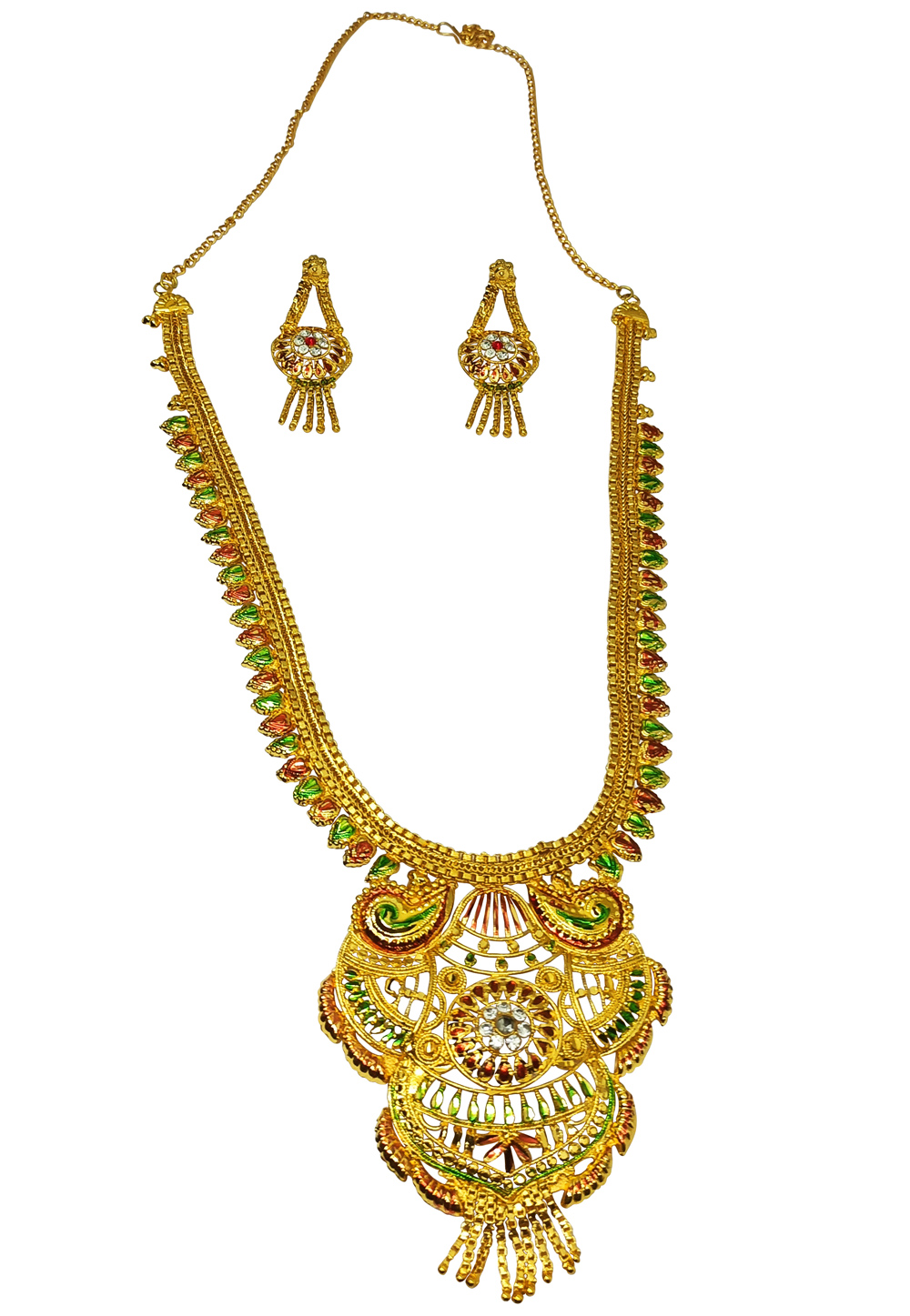 Golden Alloy Austrian Diamonds And Kundan Necklace Set With Earrings 269251