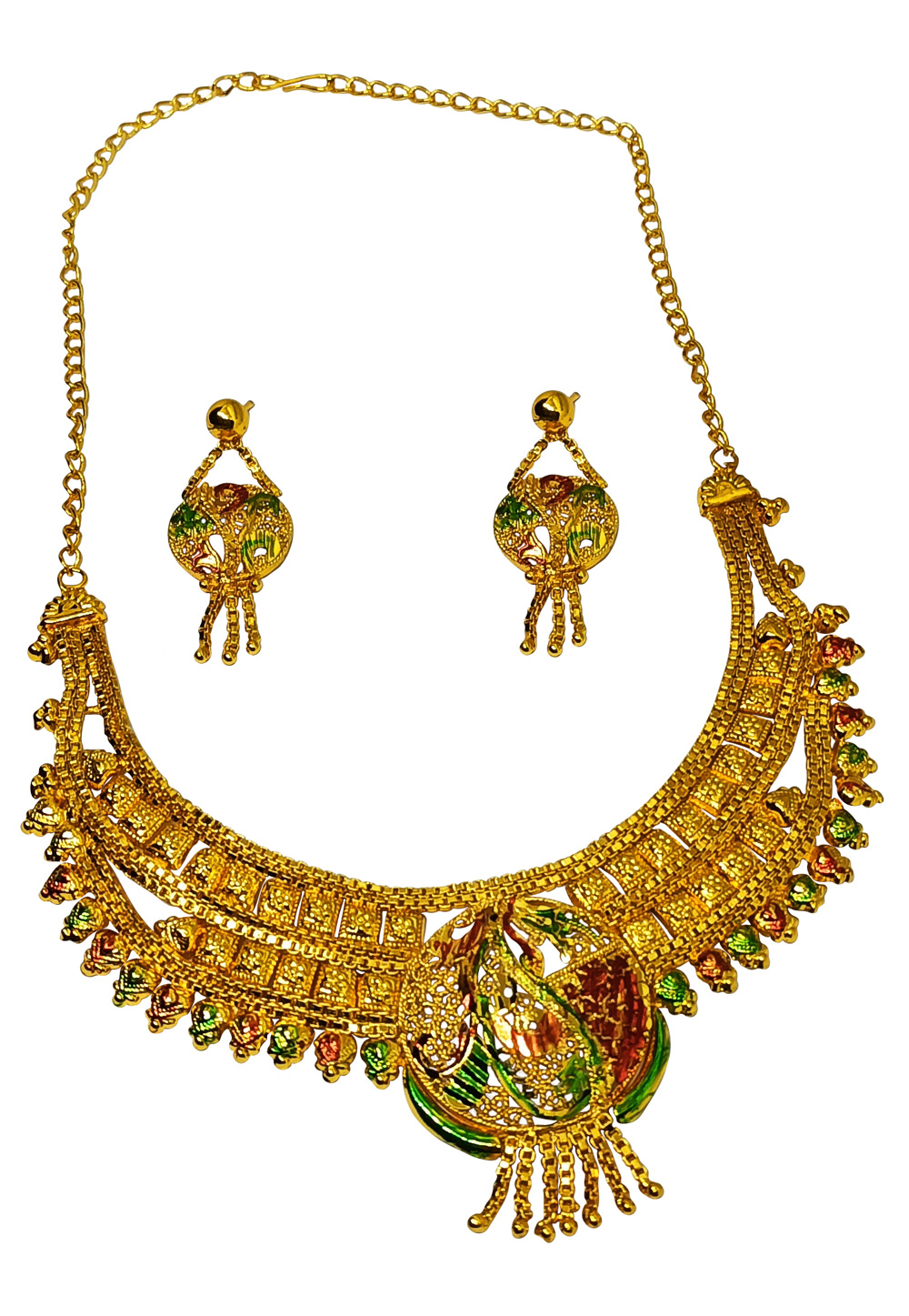 Golden Alloy Austrian Diamonds And Kundan Necklace Set With Earrings 269253