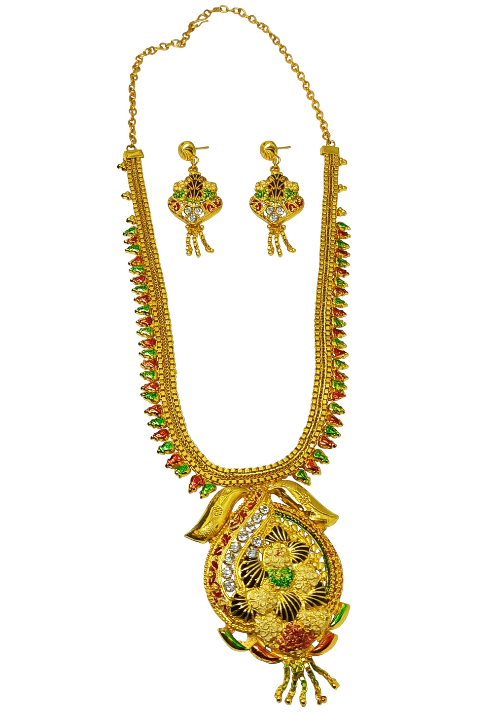 Golden Alloy Austrian Diamonds And Kundan Necklace Set With Earrings 269254