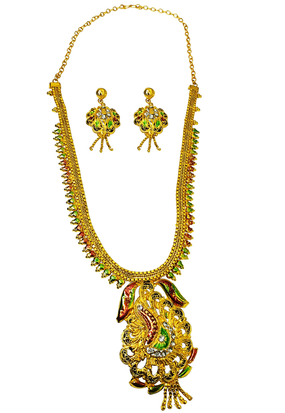 Golden Alloy Austrian Diamonds And Kundan Necklace Set With Earrings 269257