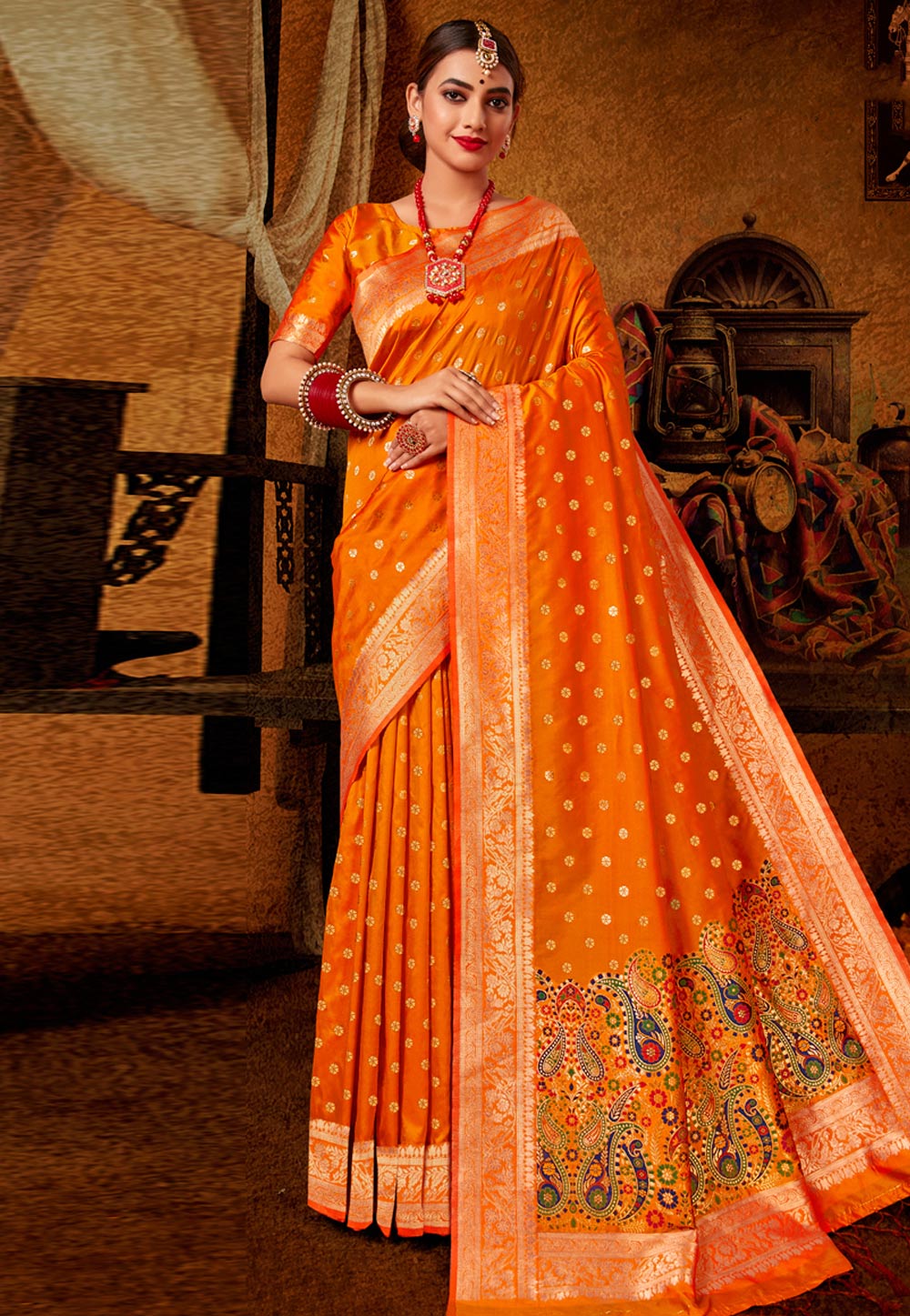 Orange Banarasi Silk Festival Wear Saree 222520