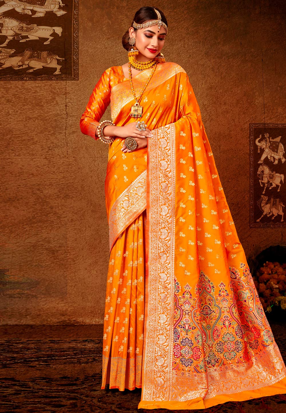 Orange Banarasi Silk Saree With Blouse 222526