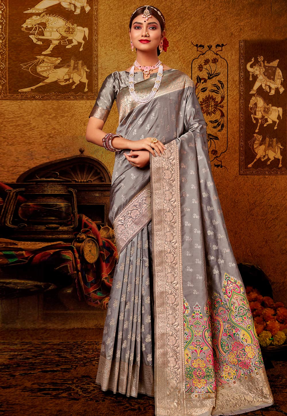 Grey Banarasi Silk Saree With Blouse 222528