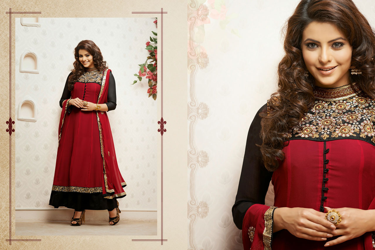 Red Karachi Work Ankle Length Designer Suit 40407