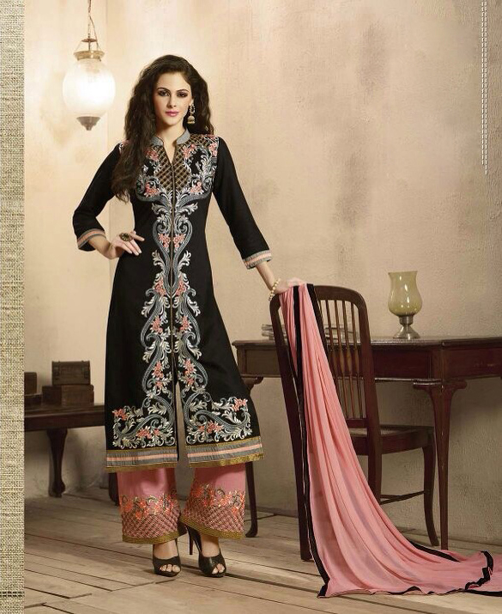 Black Cambric Cotton Pakistani Style Suit 57479
