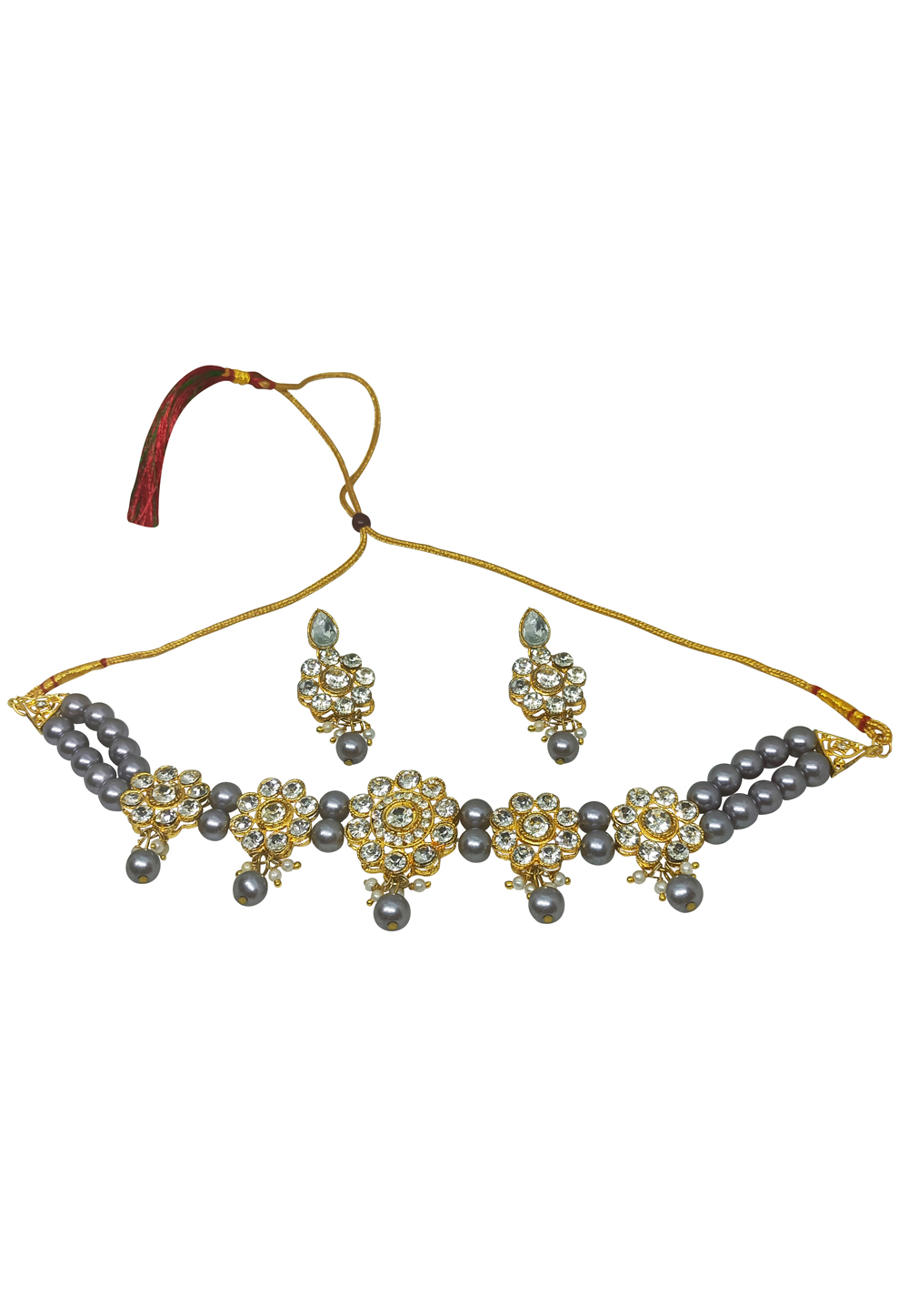 Grey Alloy Austrian Diamonds And Kundan Necklace Set With Earrings 269281