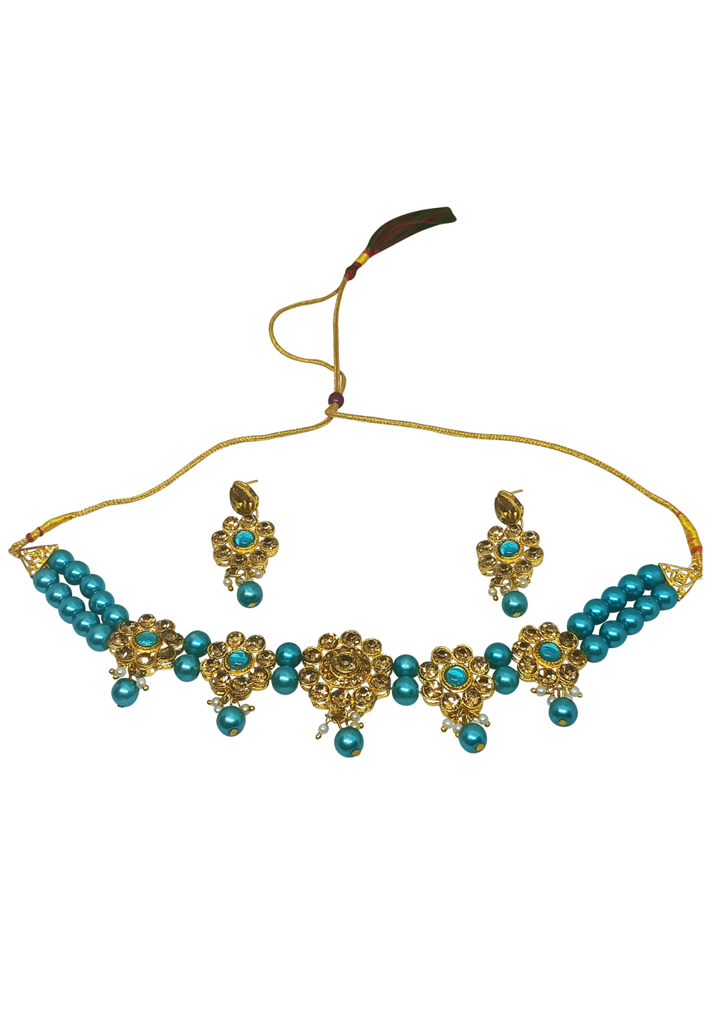Turquoise Alloy Austrian Diamonds And Kundan Necklace Set With Earrings 269282