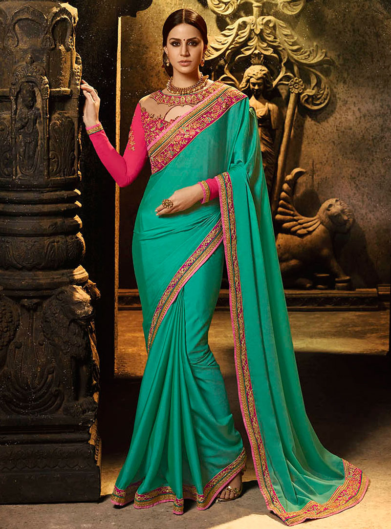 Sea Green Art Silk Saree With Embroidered Blouse 118366