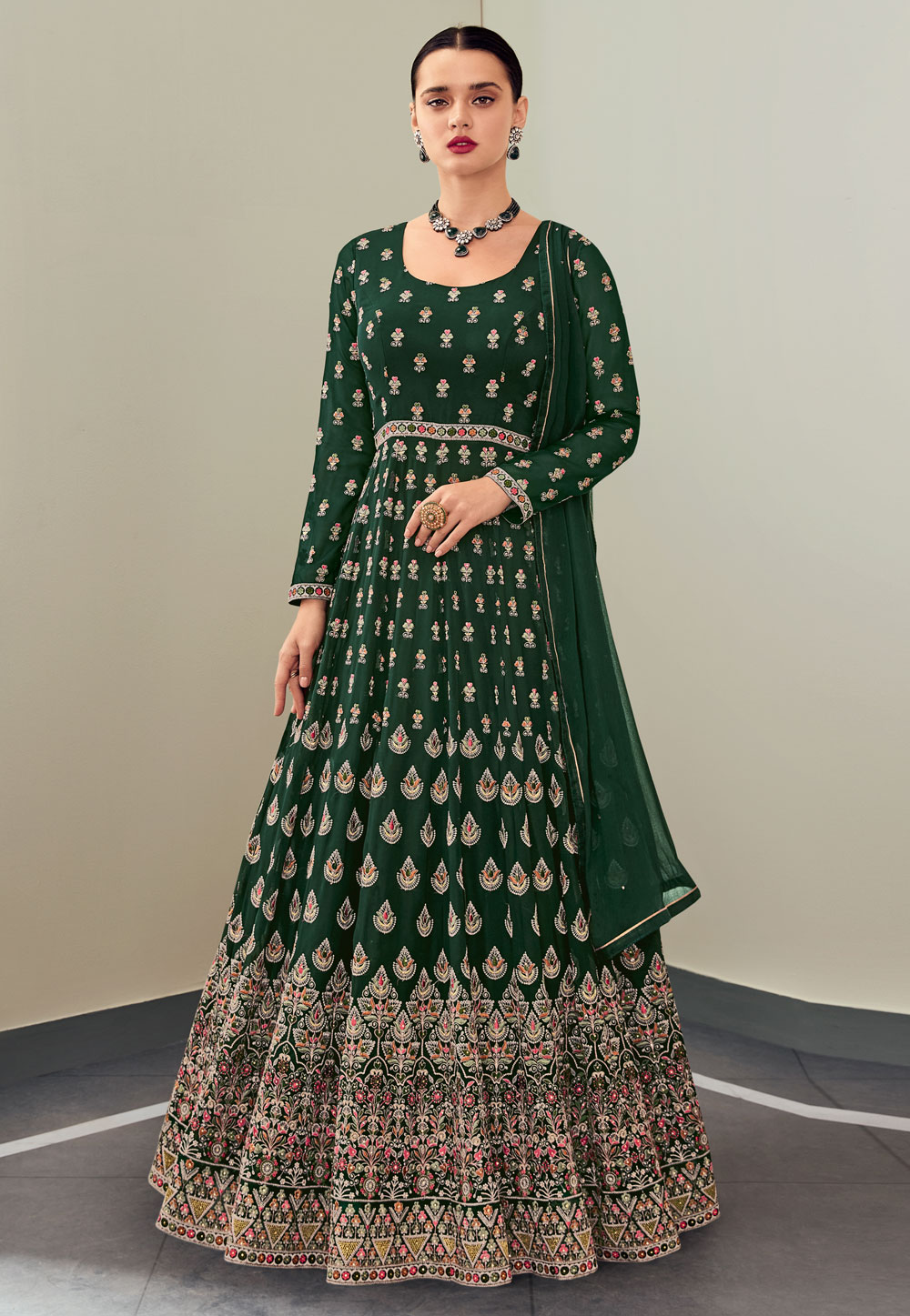 Green Georgette Embroidered Abaya Style Anarkali Suit 231018
