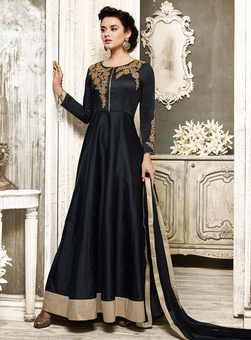 Black Taffeta Silk Ankle Length Anarkali Suit 94974