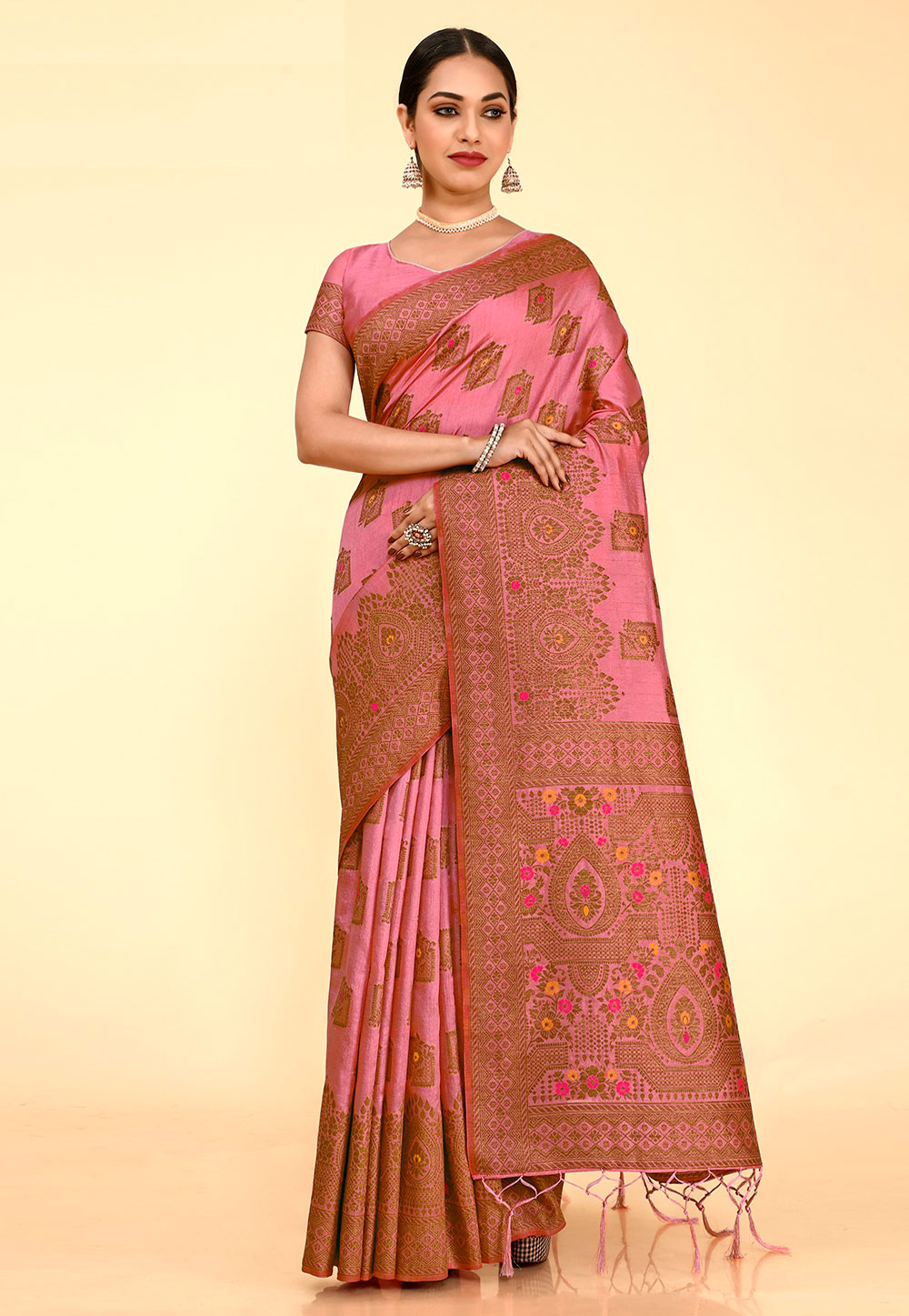 Pink Raw Silk Saree With Blouse 252060
