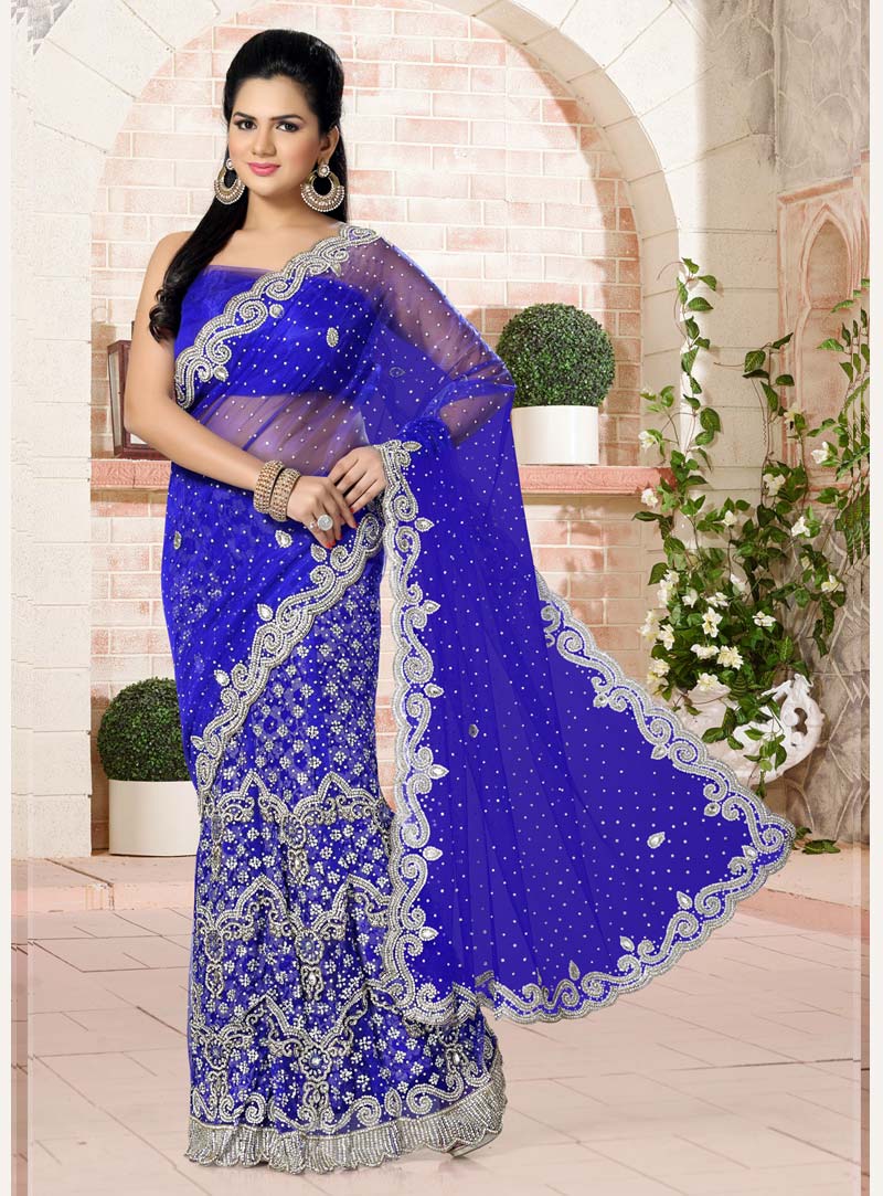 Royal Blue Net Wedding Lehenga Saree 43940