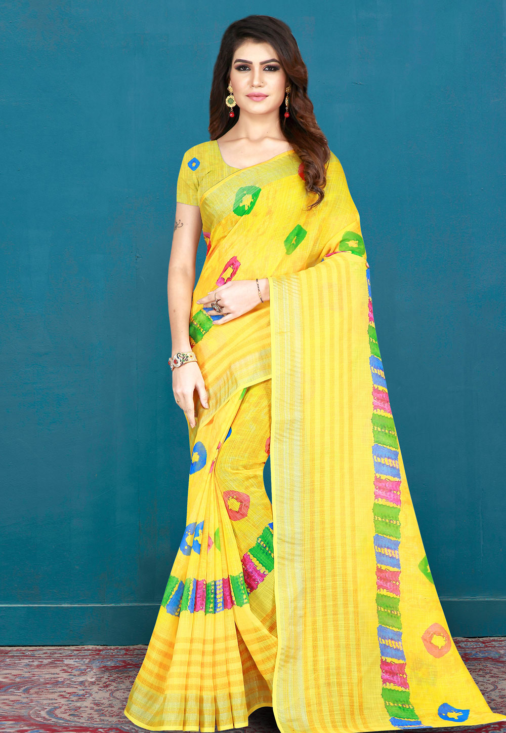 Yellow Cotton Printed Saree With Blouse 195398