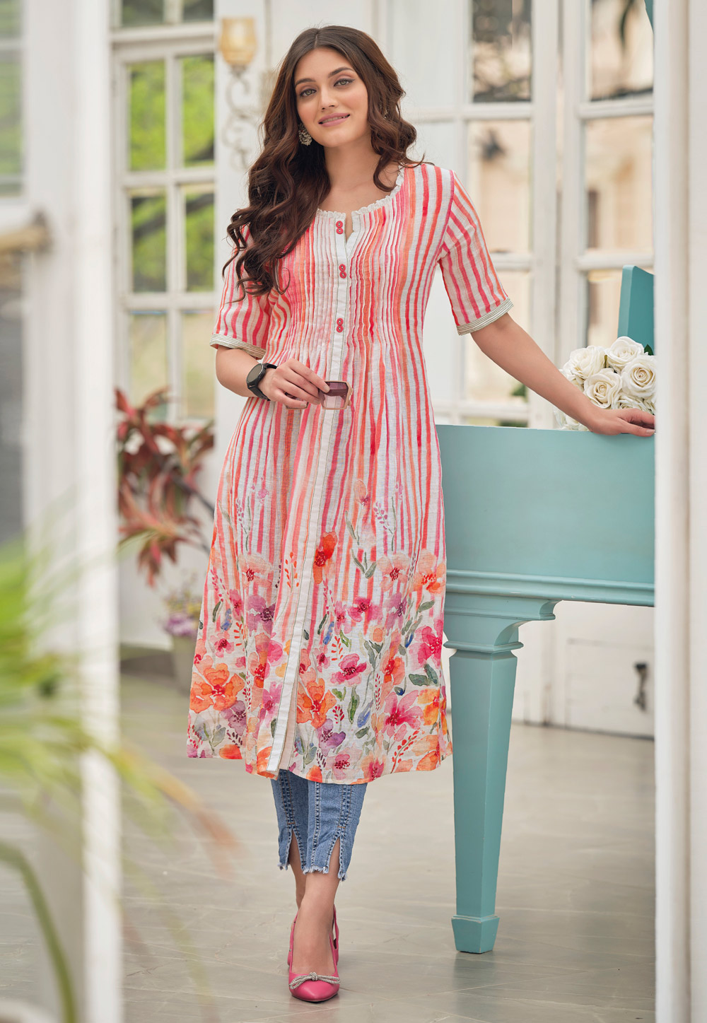 Red Linen Printed Tunic 266371