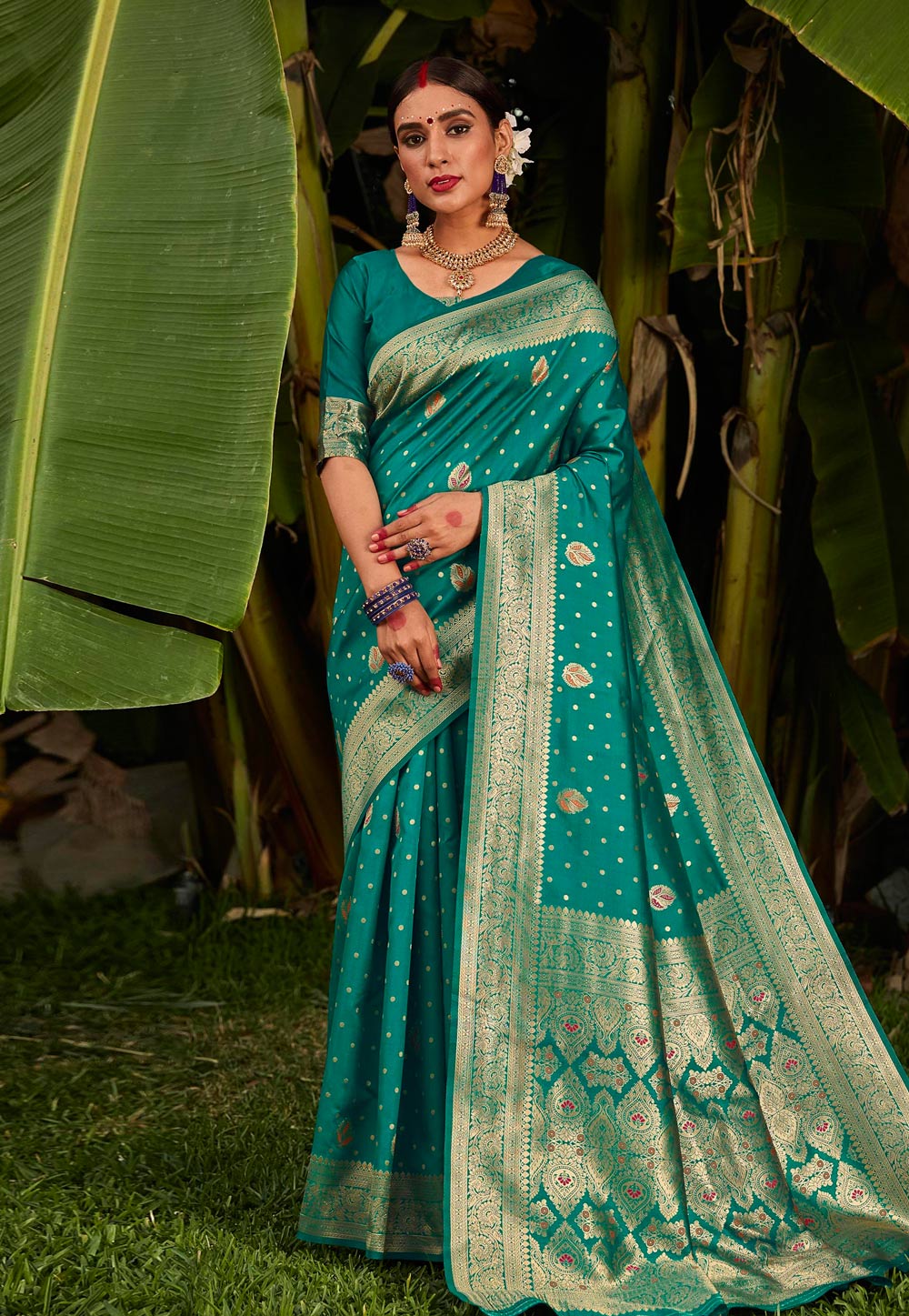 Turquoise Silk Saree With Blouse 221576