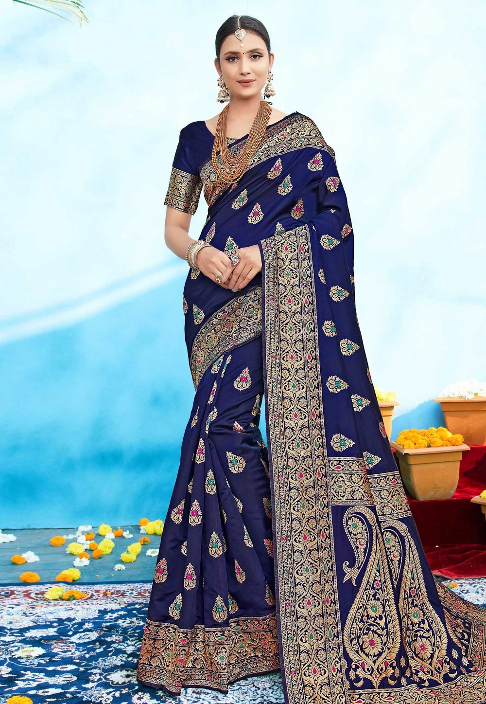 Navy Blue Silk Festival Wear Saree 221590