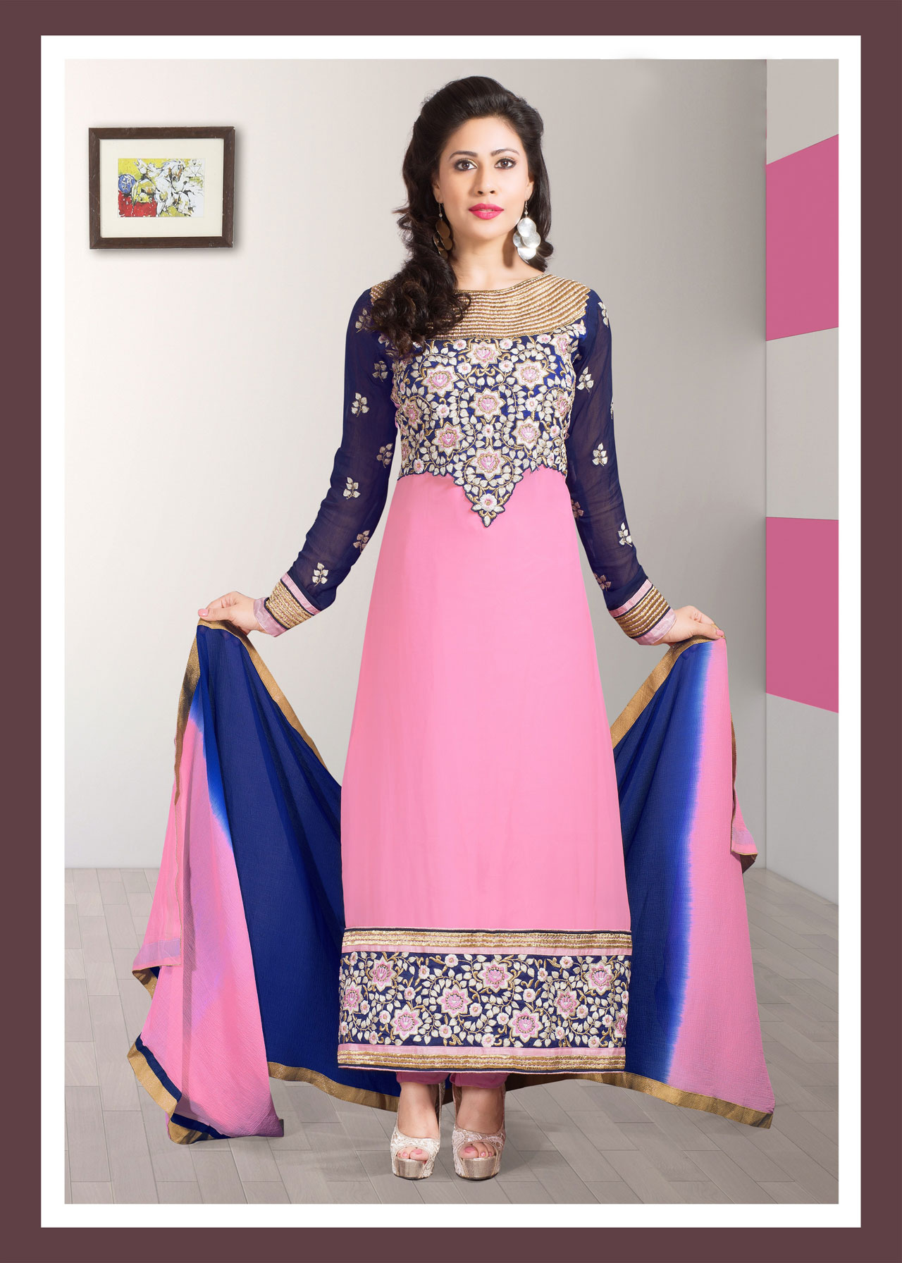 Pink Flower Patch Work Pakistani Style Suit 40605