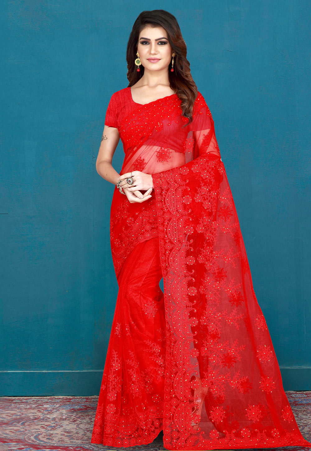 Red Net Festival Wear Saree 195399