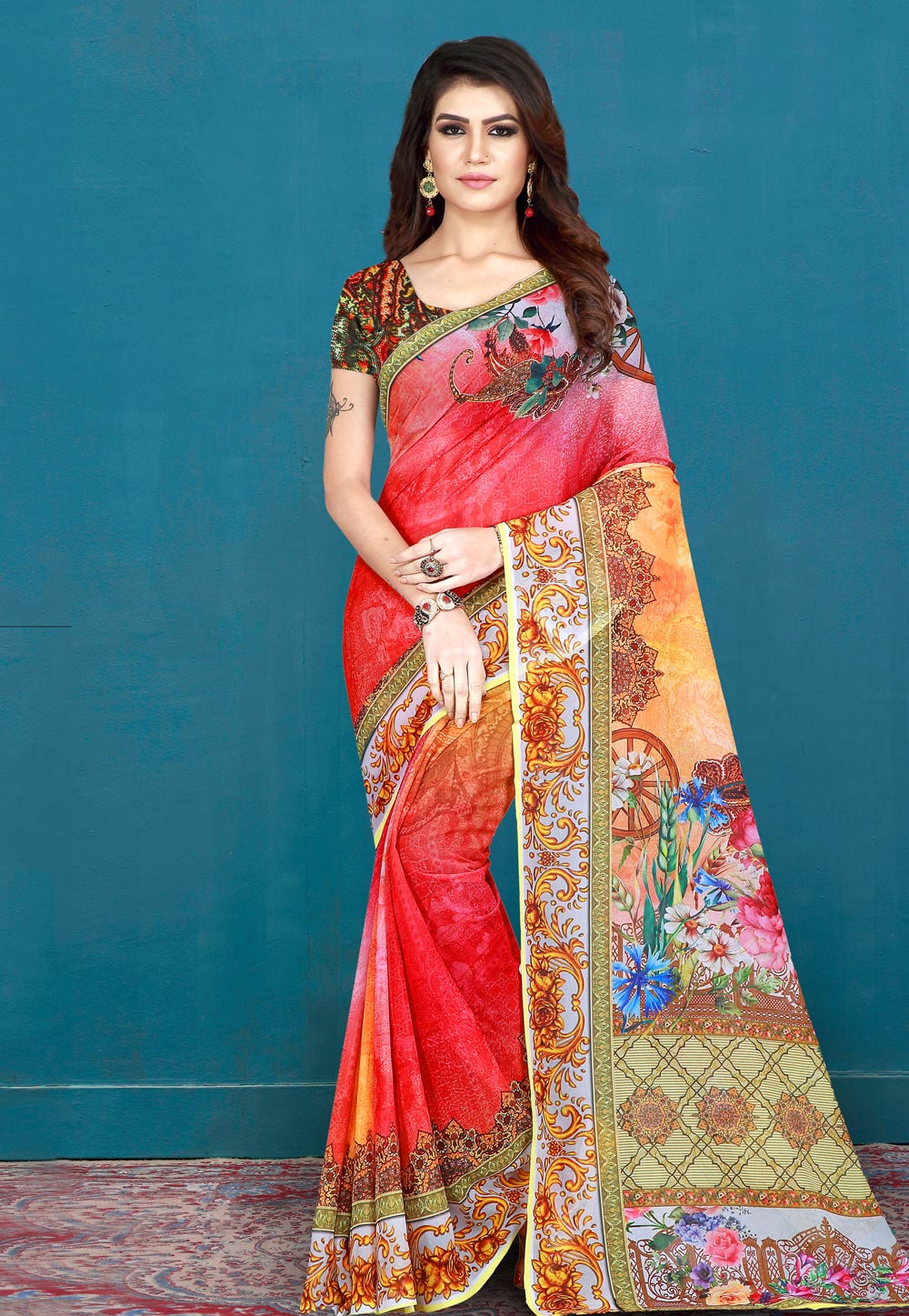 Red Cotton Printed Saree With Blouse 195400