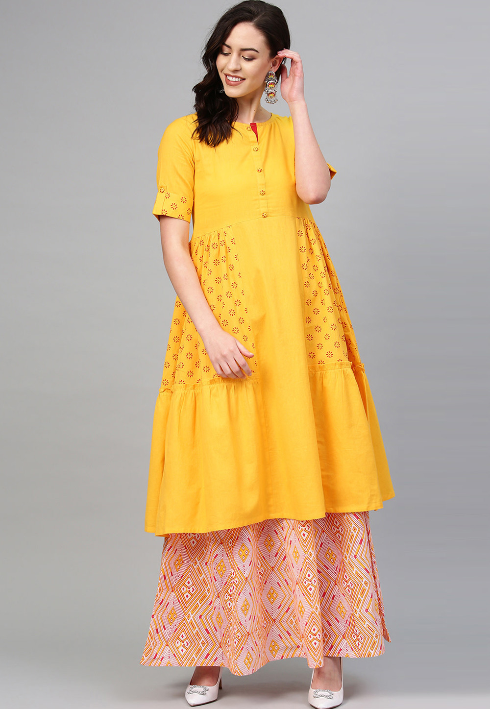 Yellow Cotton Readymade Kurta Set With Skirt 208171