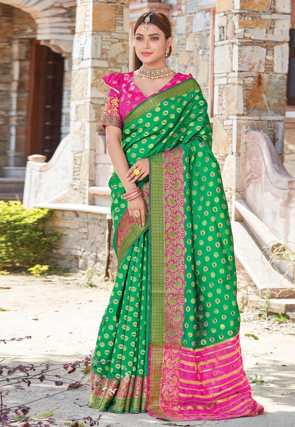 Green Silk Maheshwari Saree With Blouse 221903