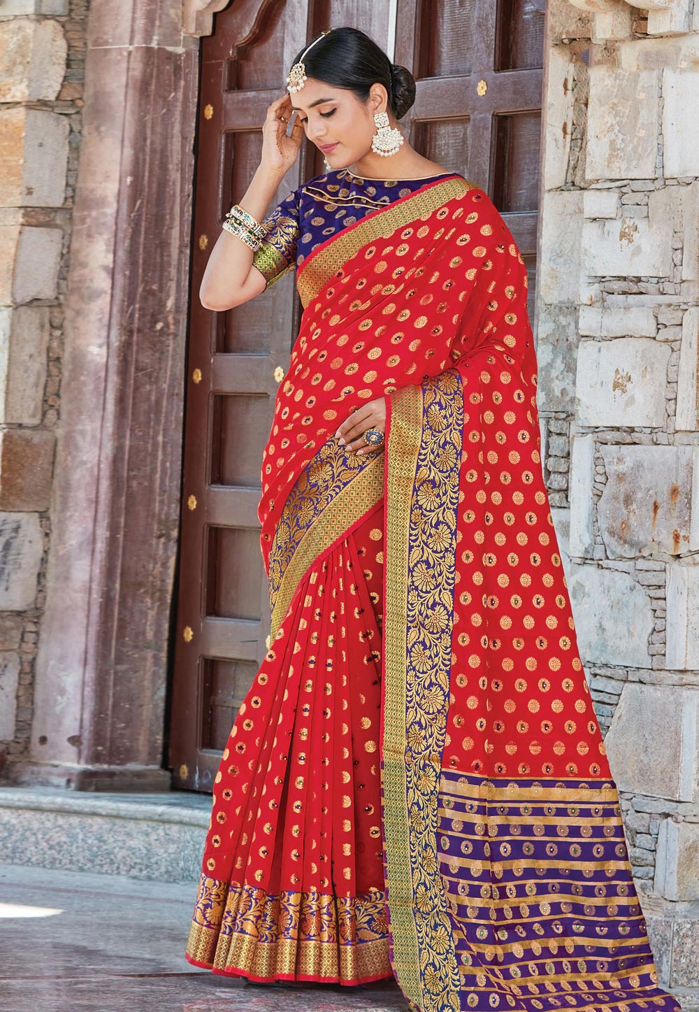 Red Silk Maheshwari Saree With Blouse 221906