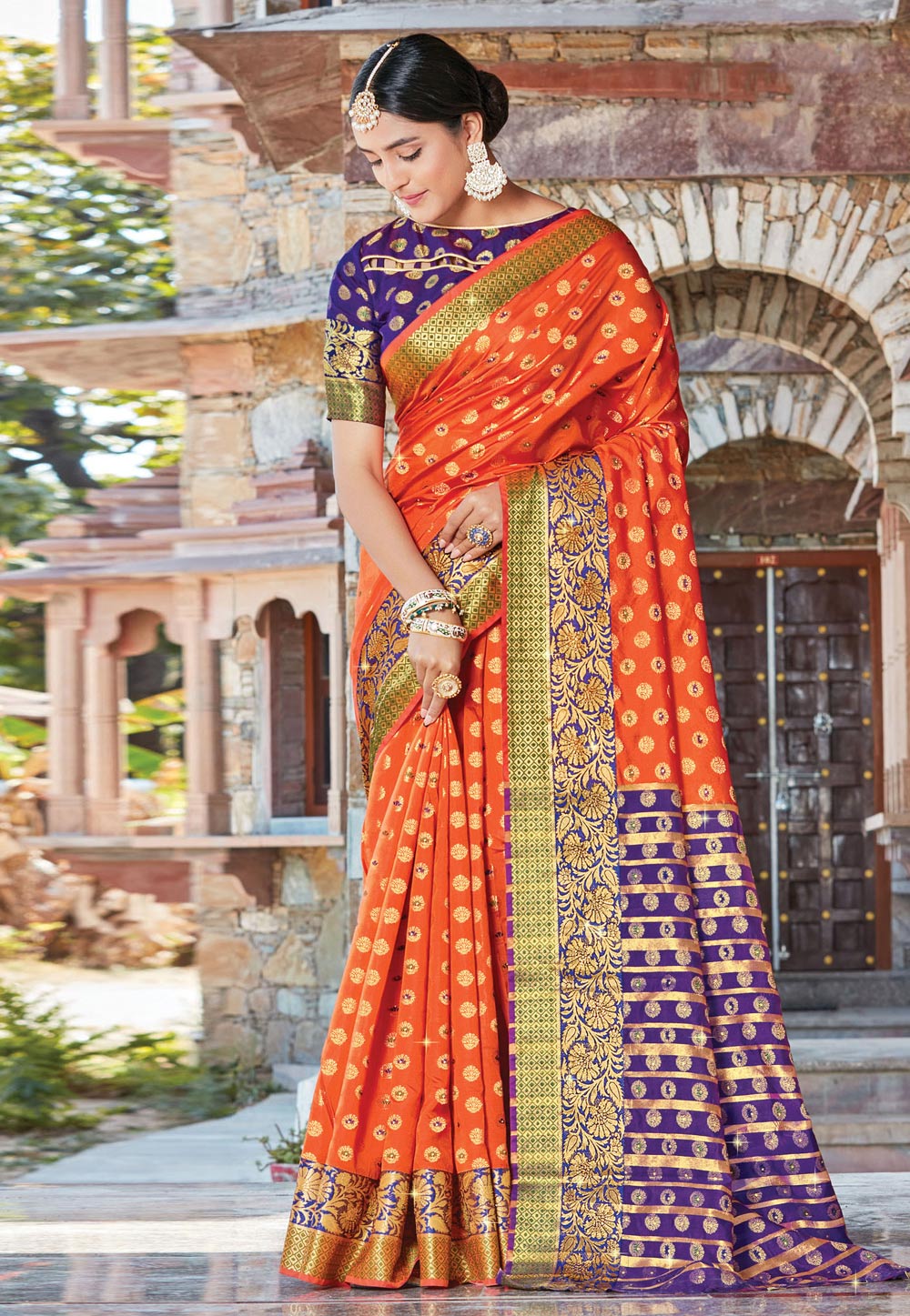 Orange Silk Maheshwari Saree With Blouse 221908