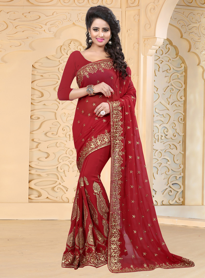 Red Georgette Embroidery Work Saree 126284