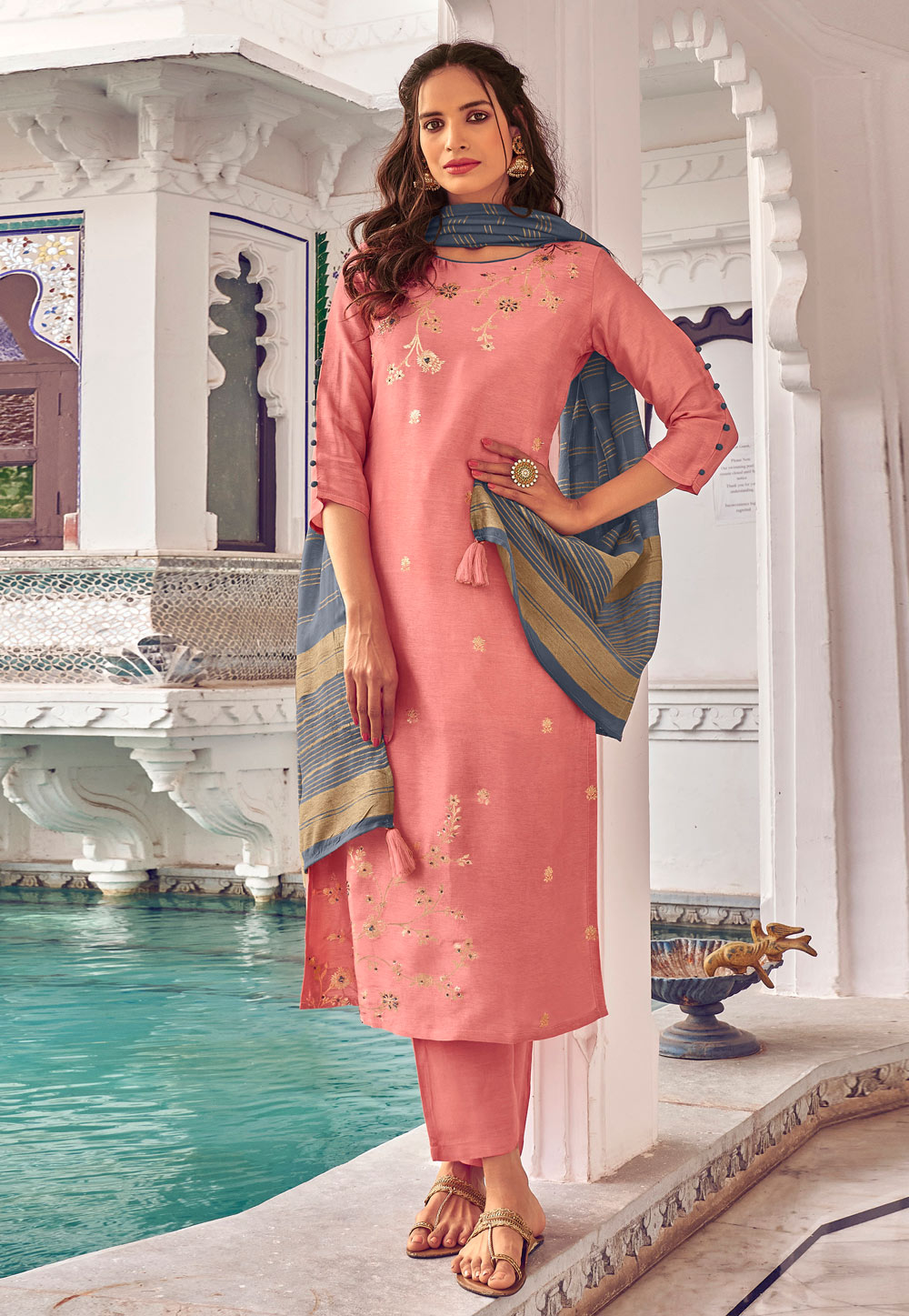 Pink Viscose Silk Pant Style Suit 225070