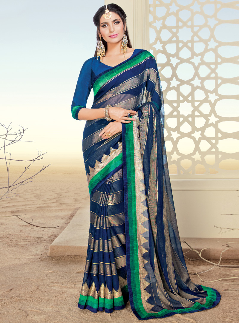 Navy Blue Brasso Saree With Blouse 108629