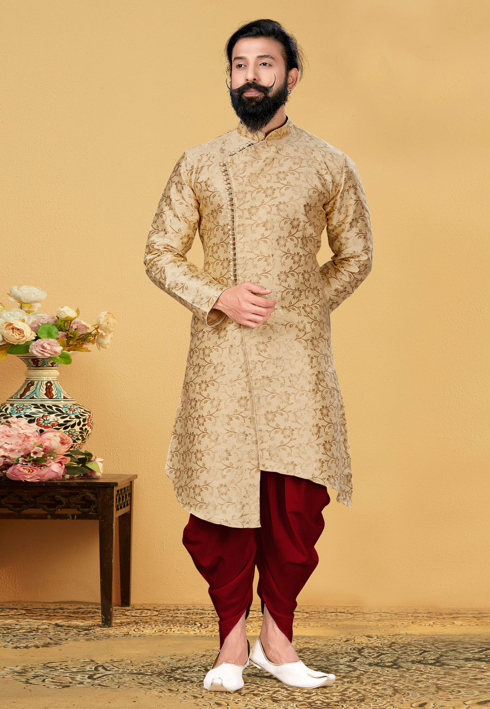 Beige Jacquard Silk Indo Western Suit 222126