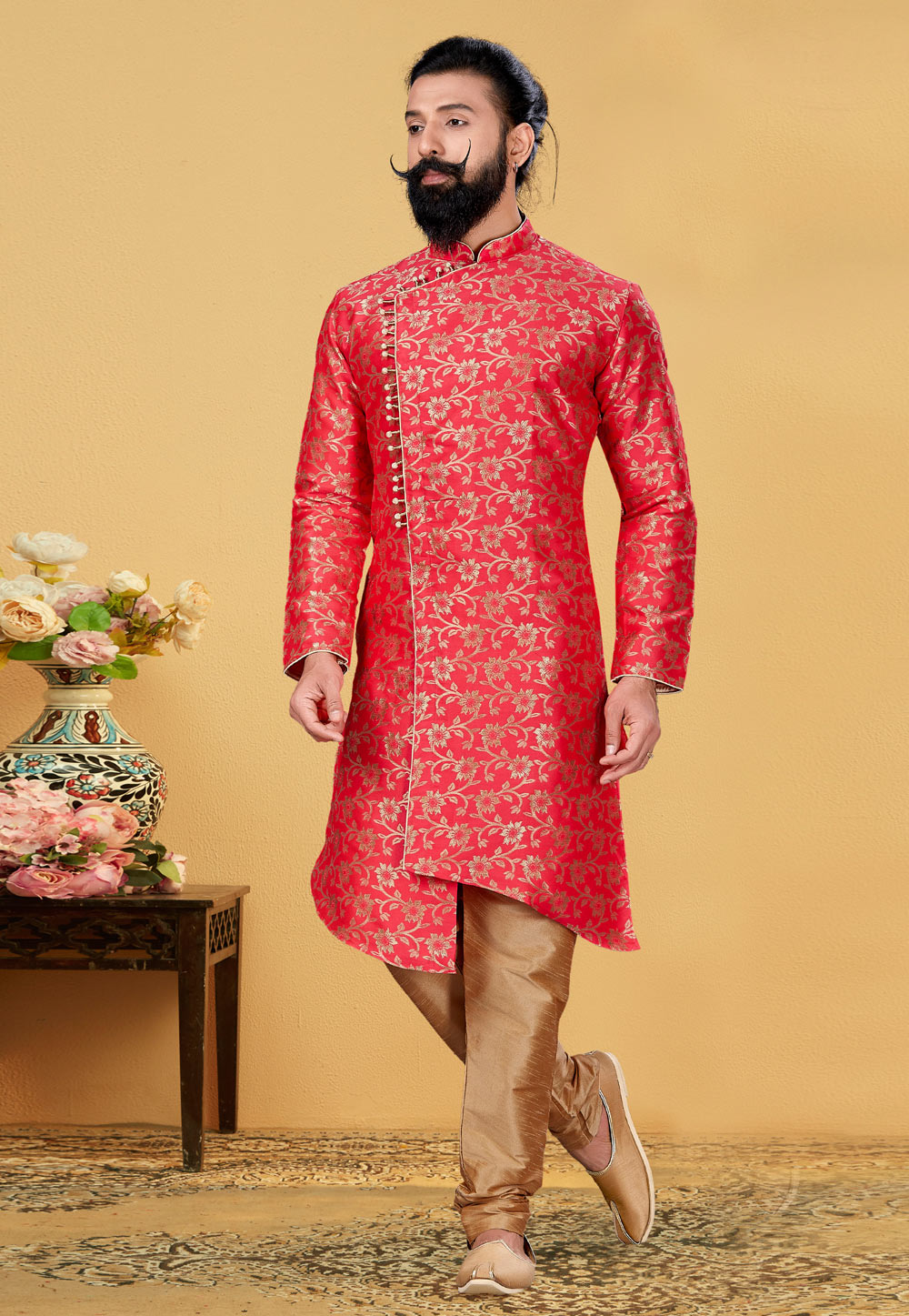 Pink Jacquard Silk Indo Western Suit 222128