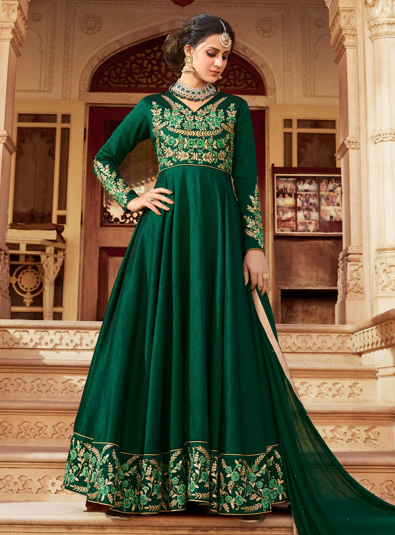 Green Silk Floor Length Anarkali Suit 105395