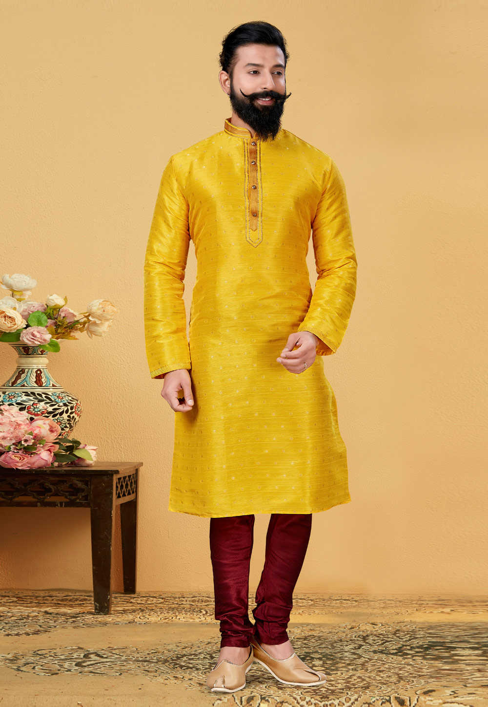 Yellow Jacquard Silk Kurta Pajama 222096